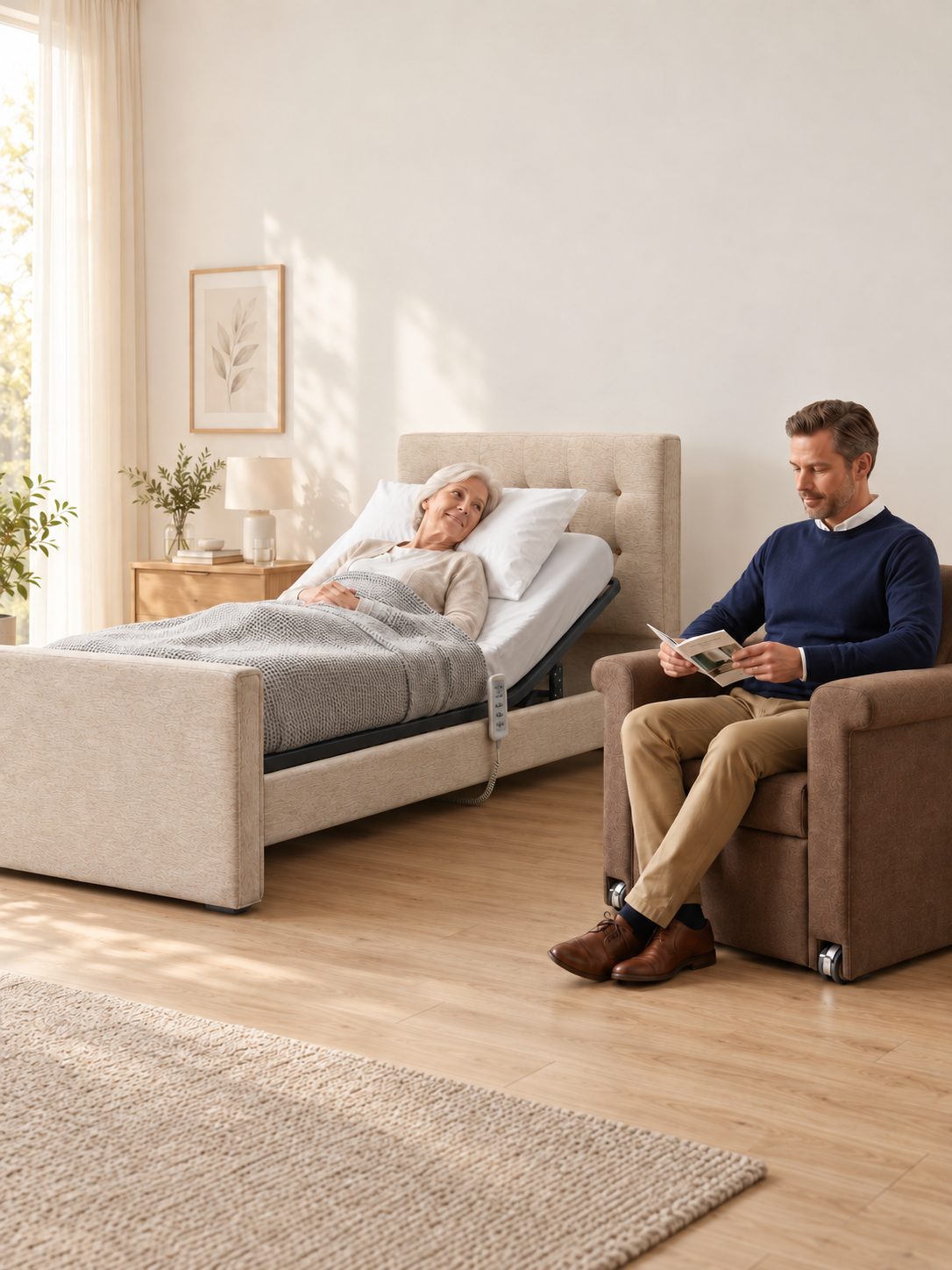 Elektrisch verstellbares Pflegebett von Carerent mit überfahrbarem Esstisch und Nachttisch